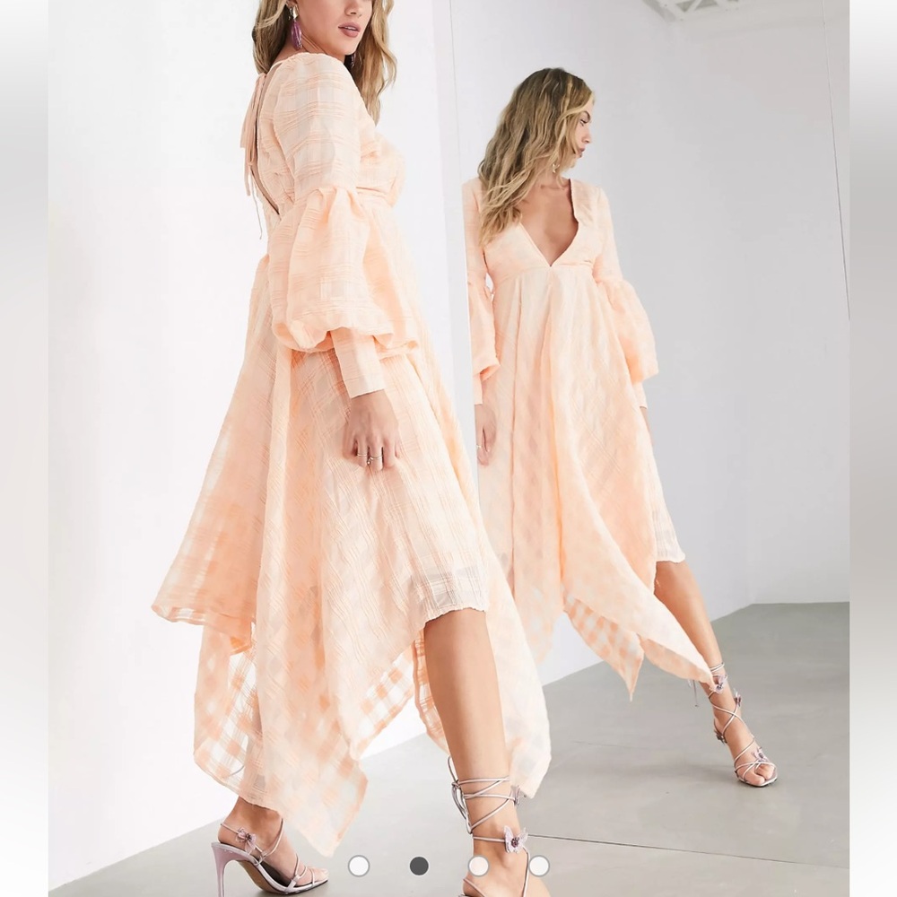 ASOS EDITION Volume Sleeve Midi Dress Sz 4 Pleated Check In Soft Apricot